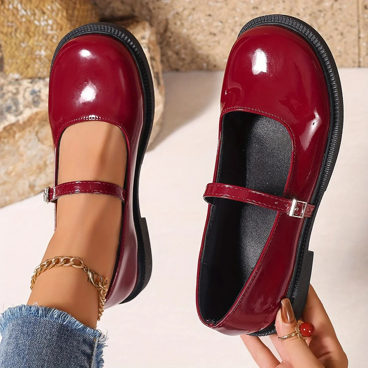 Mary Jane - Chaussures à enfiler en cuir à bout rond pour femmes