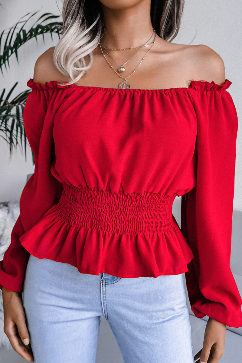 Landra - Élégante blouse à manches longues et épaules dénudées avec ourlet à volants