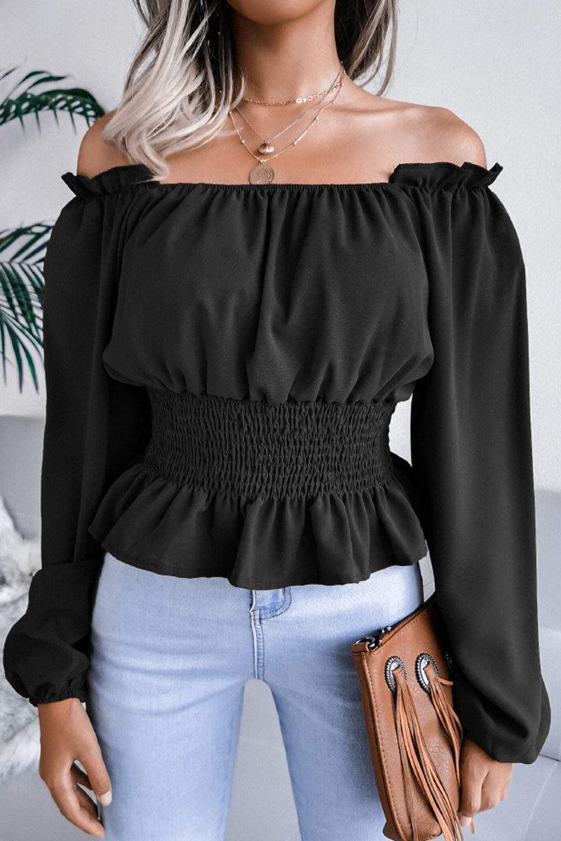 Landra - Élégante blouse à manches longues et épaules dénudées avec ourlet à volants