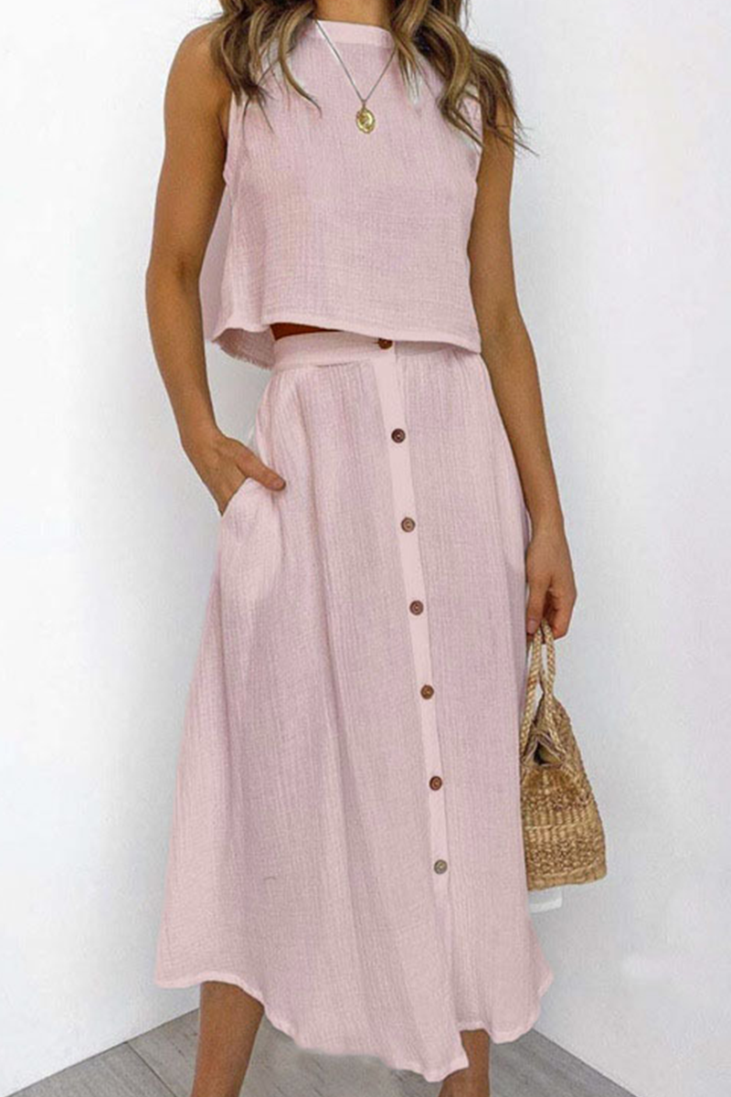 Evangeline - Blouse sans manches stylée et jupe midi boutonnée taille haute
