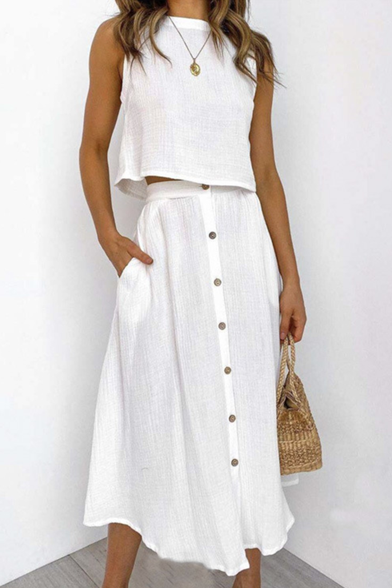 Evangeline - Blouse sans manches stylée et jupe midi boutonnée taille haute