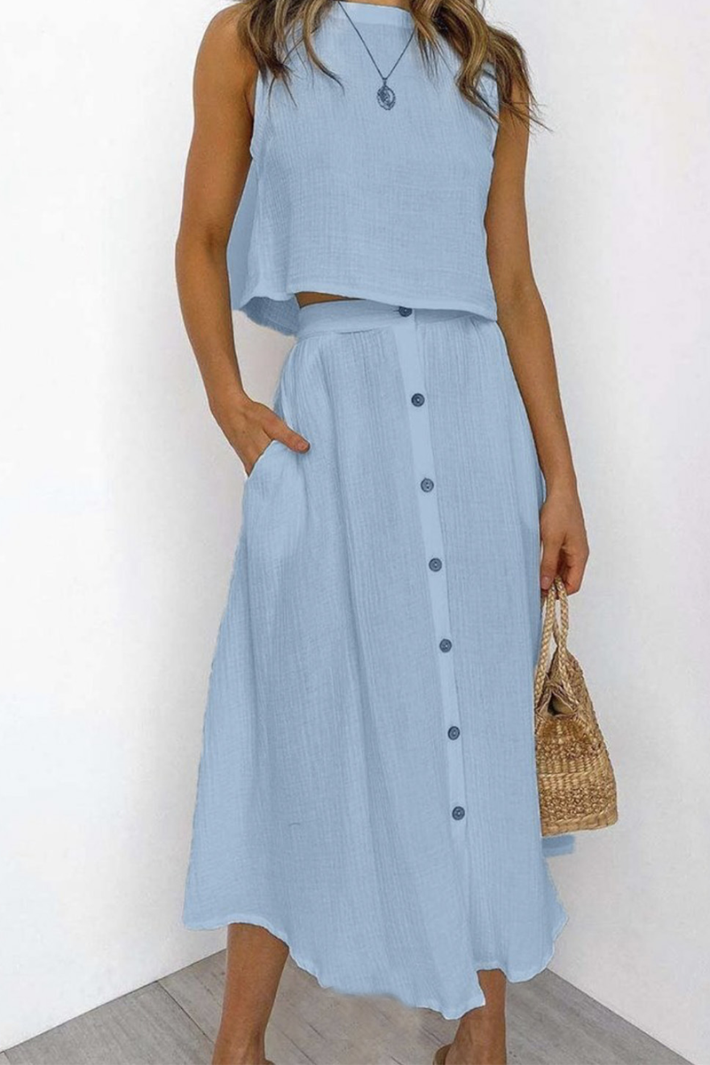 Evangeline - Blouse sans manches stylée et jupe midi boutonnée taille haute
