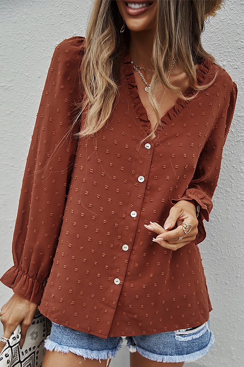 Evelina - Blouse chic à manches longues, col en V et dentelle élégante
