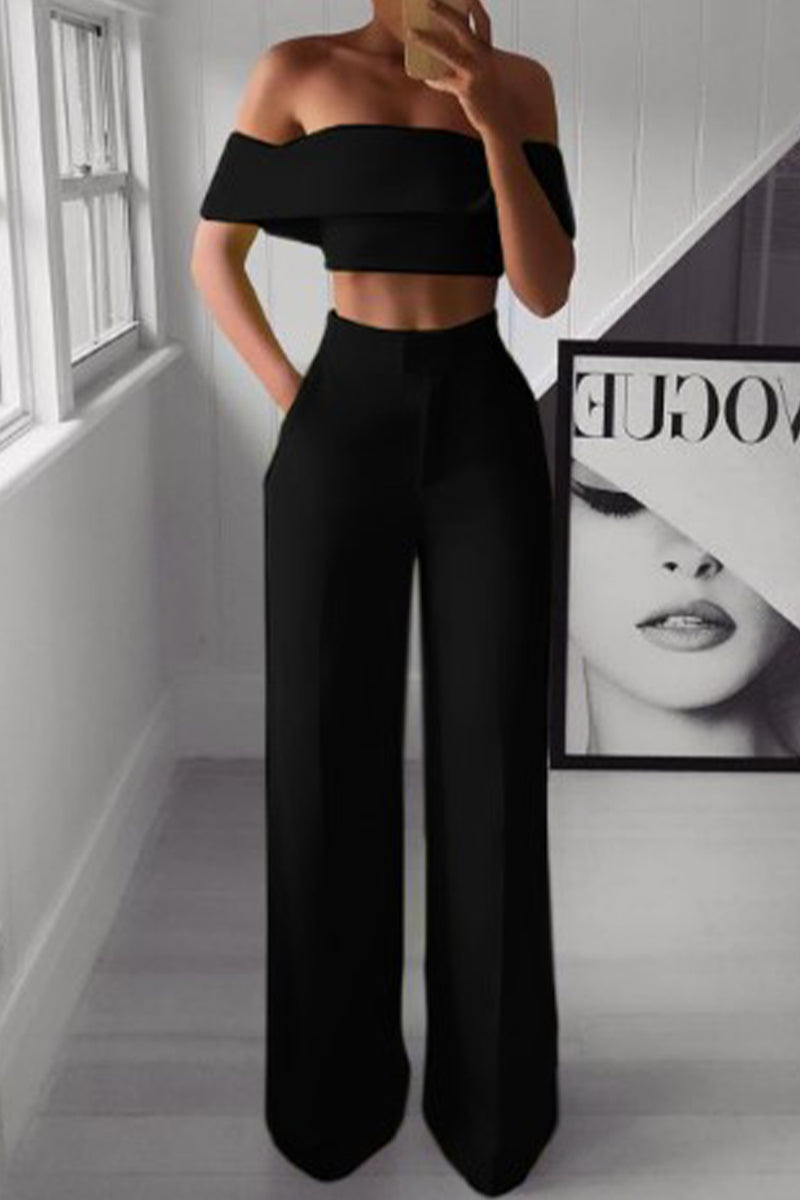 Sofia - Ensemble élégant crop top épaules dénudées et pantalon taille haute