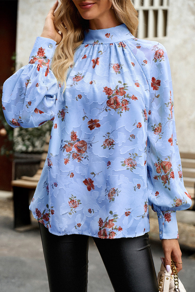 Gloria - Élégante blouse fleurie à col montant et manches longues