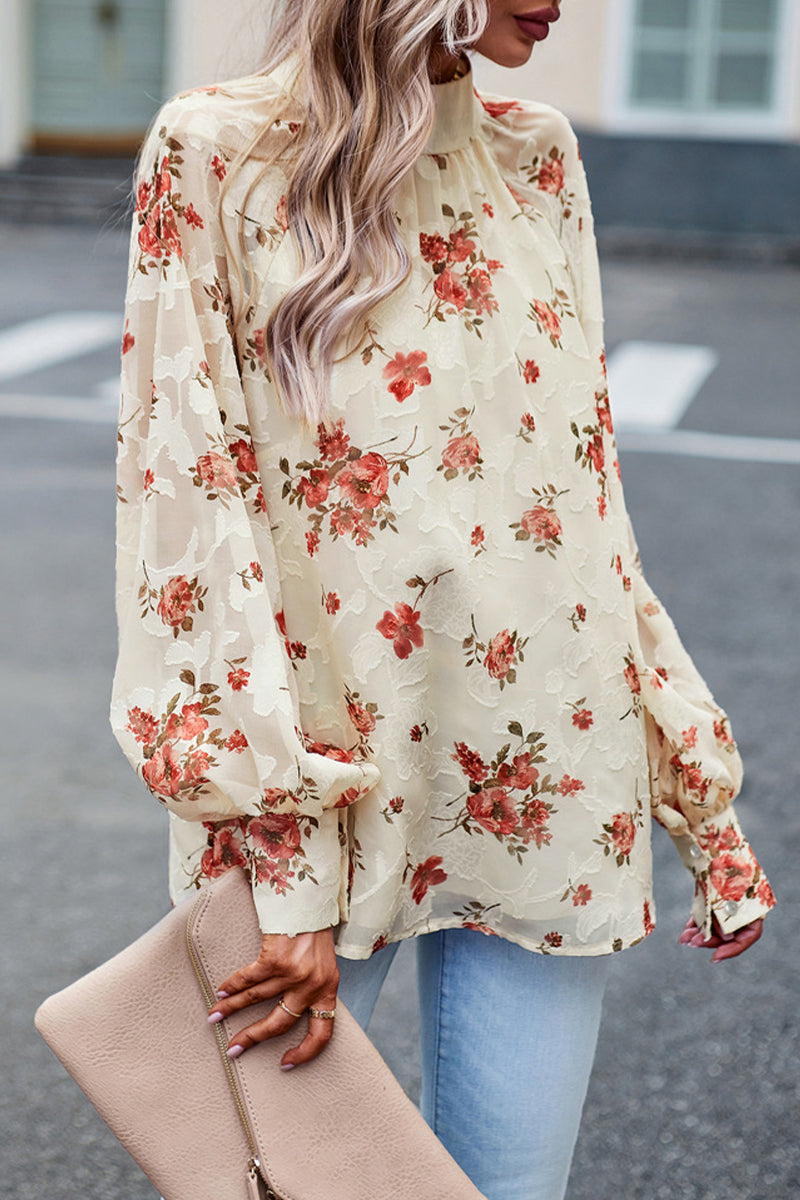 Gloria - Élégante blouse fleurie à col montant et manches longues