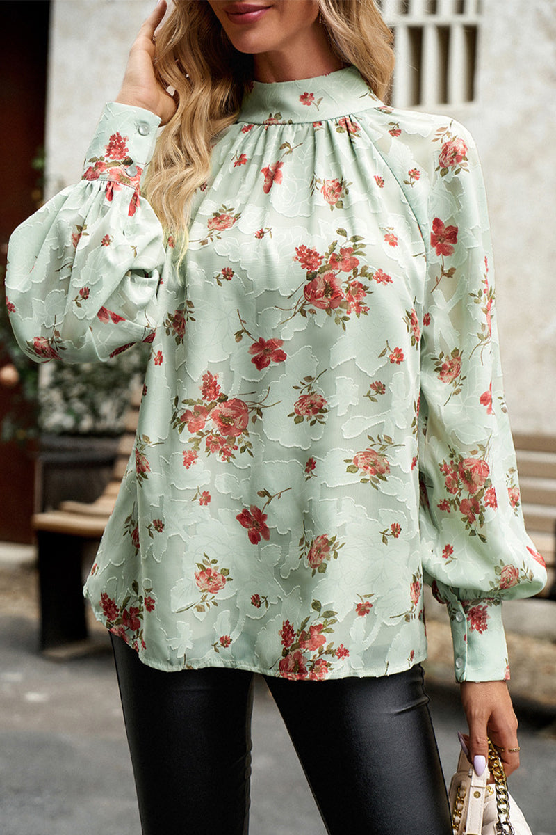 Gloria - Élégante blouse fleurie à col montant et manches longues