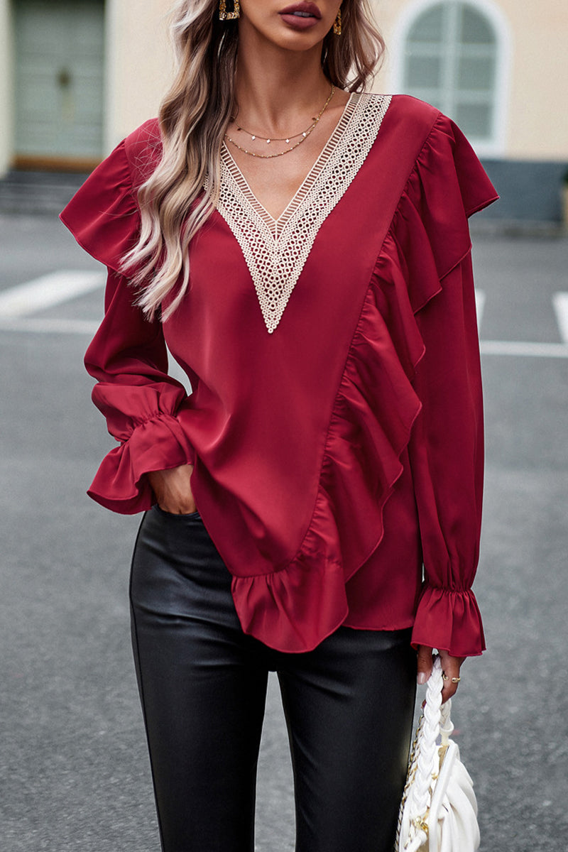 Jen - Élégante blouse ample avec col en V et manches longues à volants