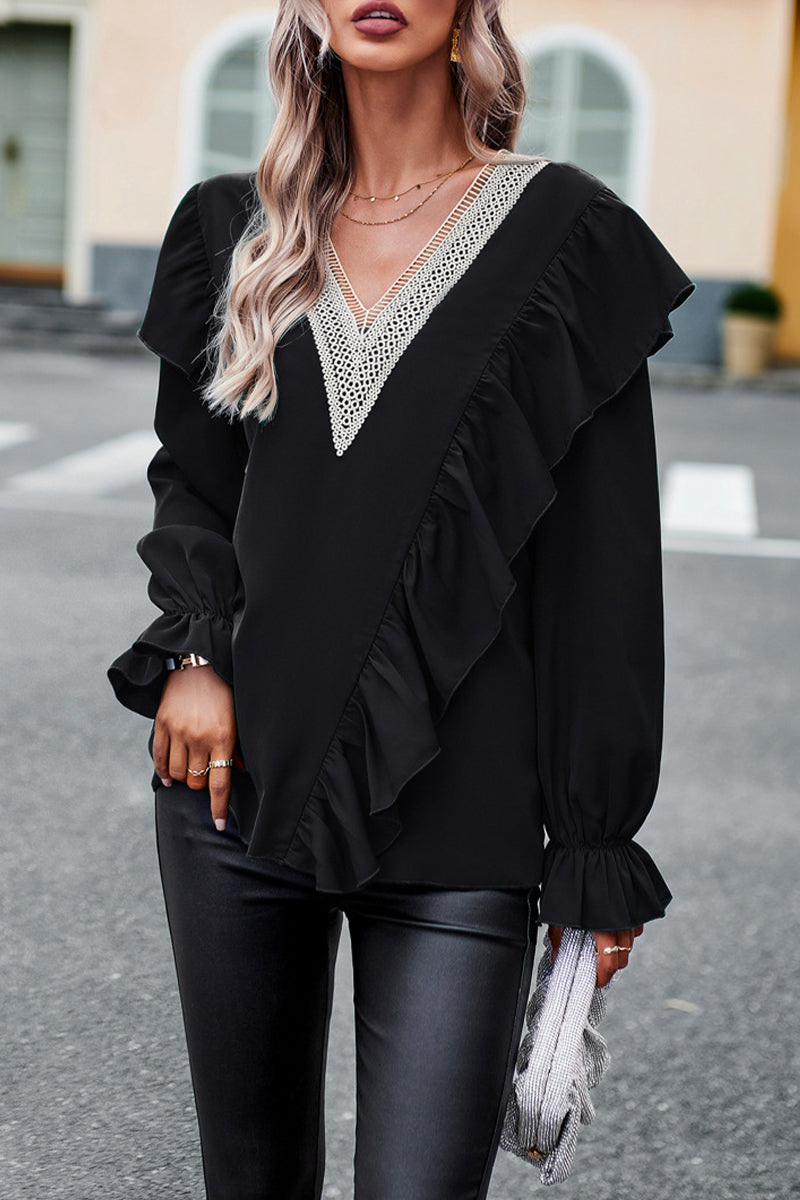 Jen - Élégante blouse ample avec col en V et manches longues à volants