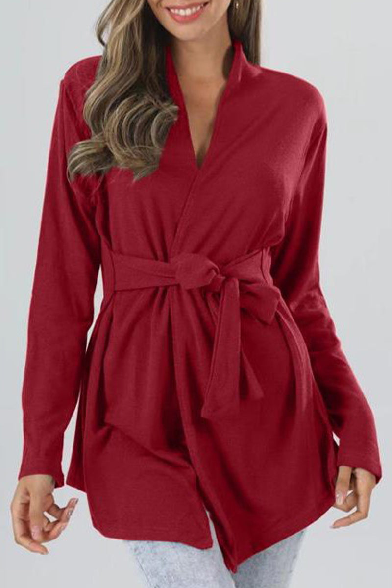 Lindzay - Veste casual à manches longues avec col en V et taille nouée
