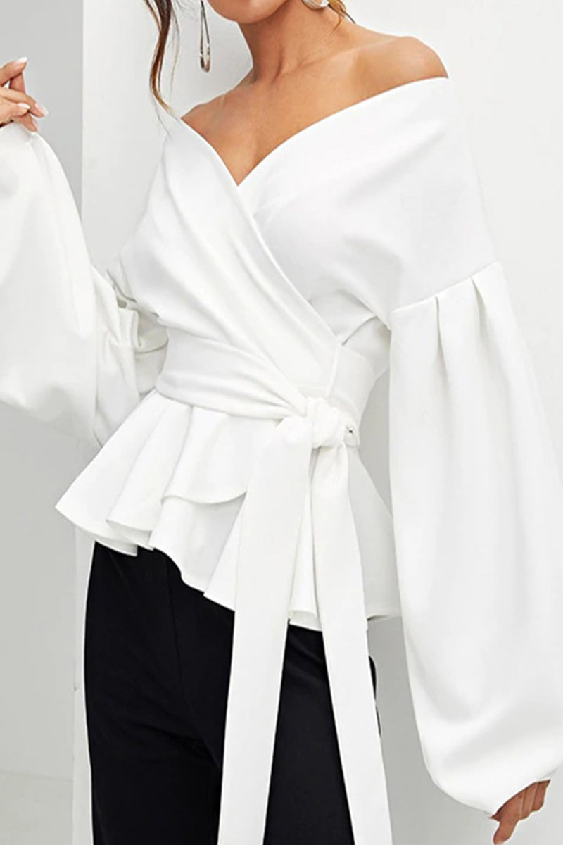 Camellia - Élégante blouse à épaules dénudées, col en V, manches longues et taille ceinturée