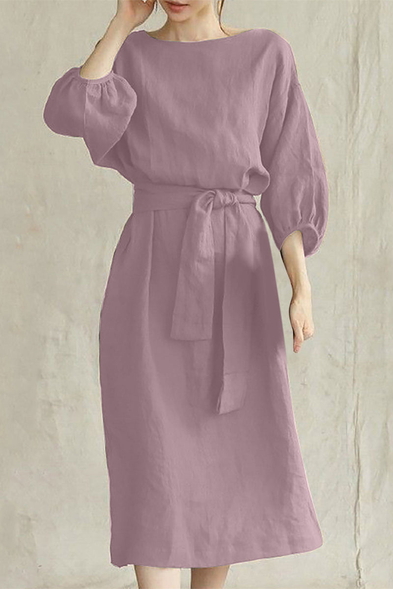 Liyana - Robe midi casual à manches mi-longues avec taille nouée