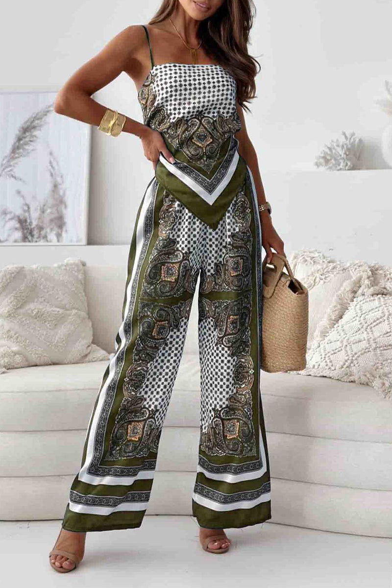 Fatima - Ensemble décontracté avec top sans manches dos nu et pantalon à imprimé géométrique