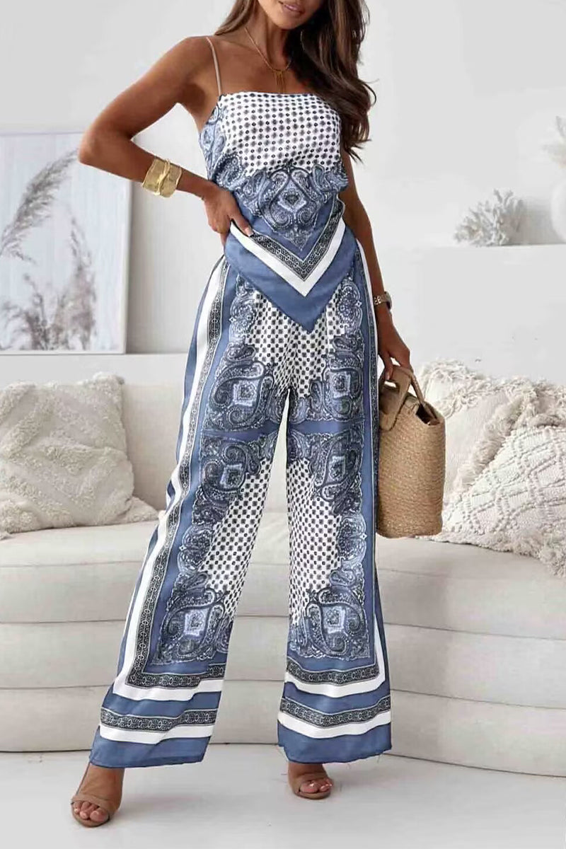 Fatima - Ensemble décontracté avec top sans manches dos nu et pantalon à imprimé géométrique