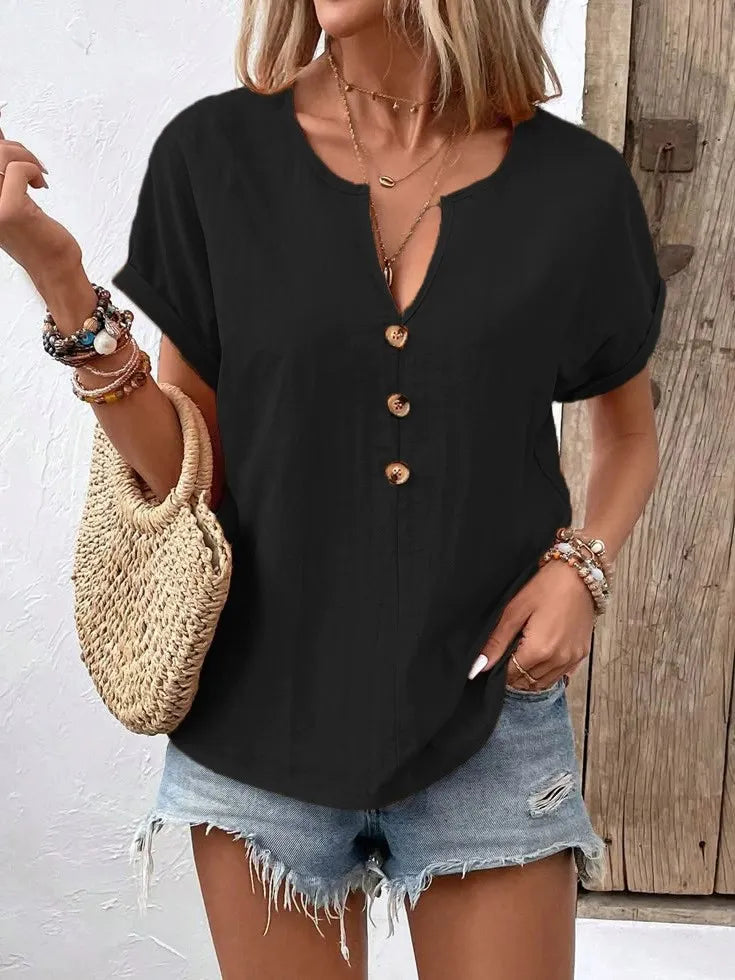 Vexana - Blouse casual à manches courtes avec col fendu et boutons