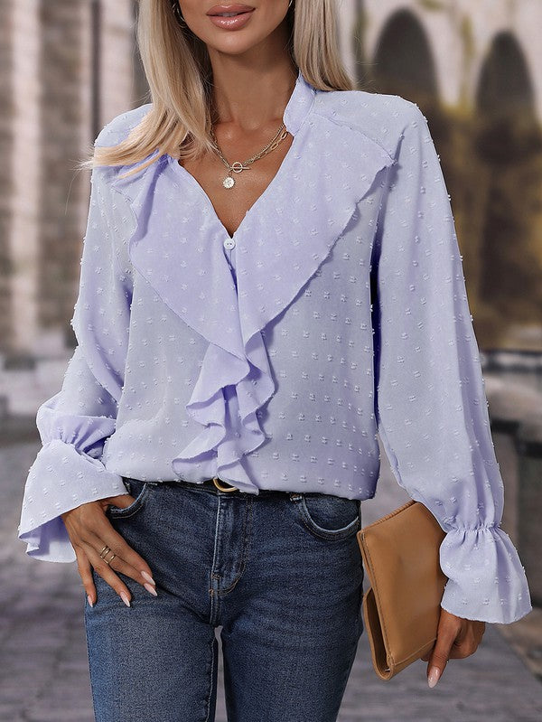 Anika - Blouse élégante à manches longues, col en V et volants à pois suisses