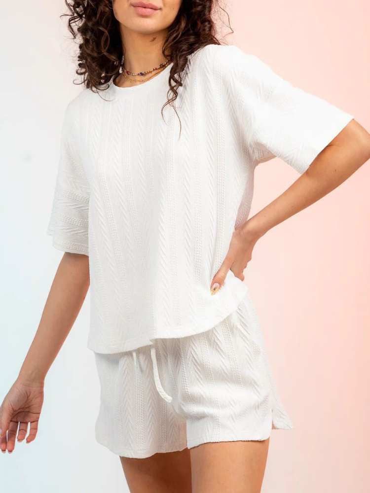 Kristy - Ensemble casual top à col rond texturé et short