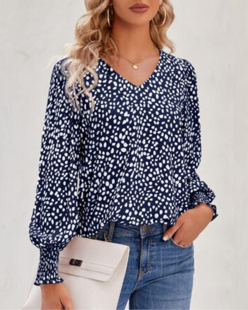 Maureen - Blouse élégante imprimée avec col en V et manches bouffantes