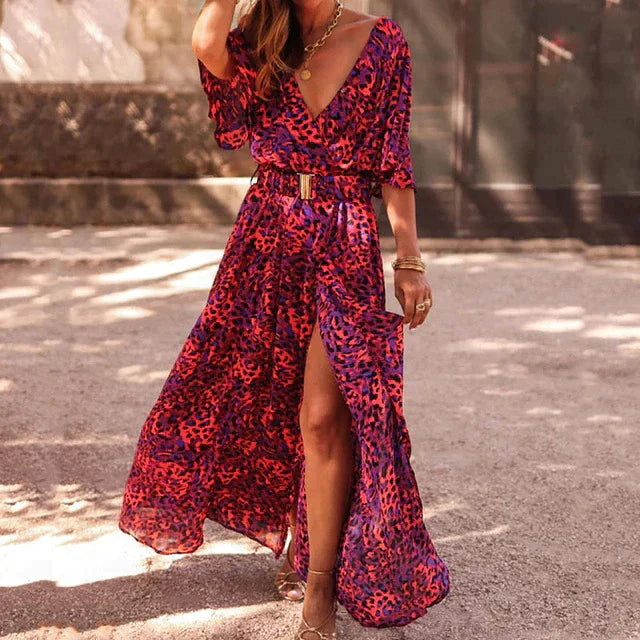 Naomi - Robe longue à manches courtes et col en V