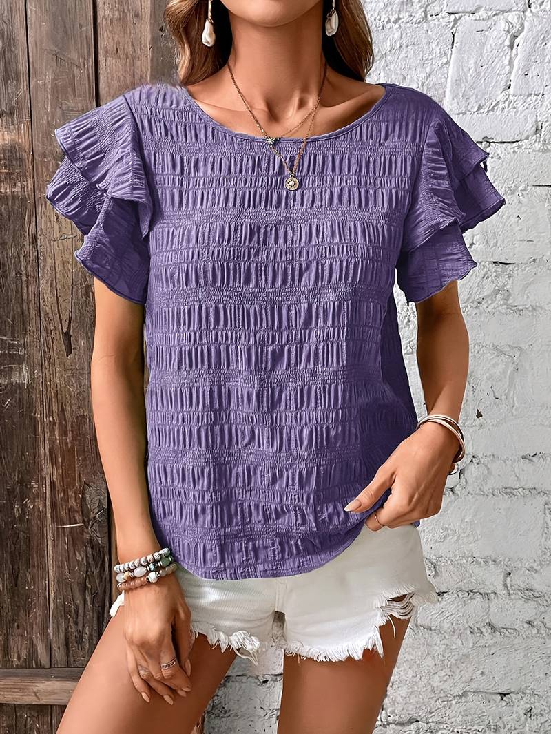 Catty - Élégante blouse à manches courtes avec volants superposés et bords texturés