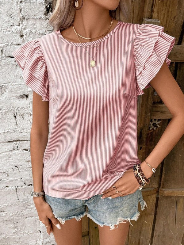 Roselyn - Élégante blouse rayée à col rond et manches volantées