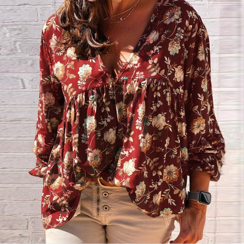 Dariana - Élégante blouse à manches longues et col en V avec imprimé floral