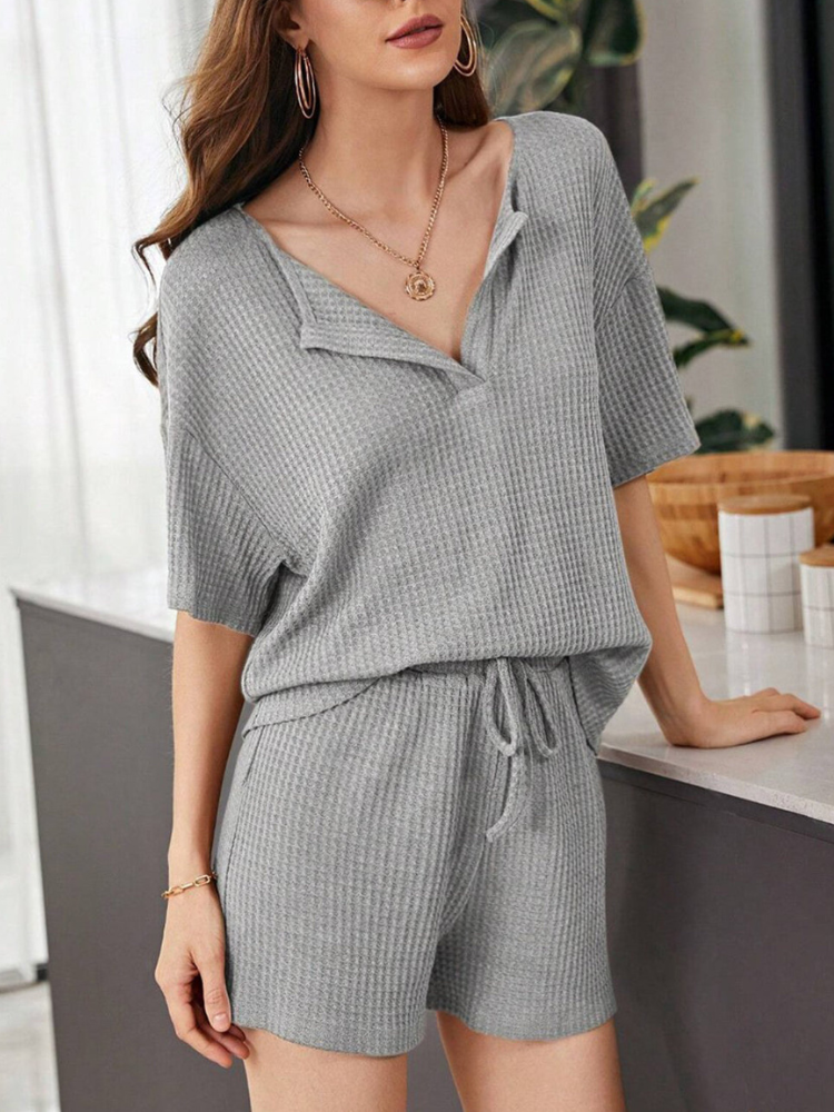 Yumi - Ensemble chic casual top à manches courtes et short ample en maille
