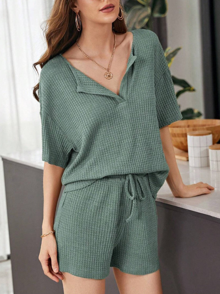 Yumi - Ensemble chic casual top à manches courtes et short ample en maille