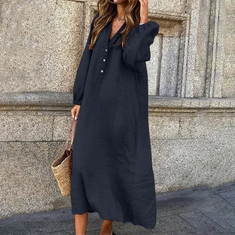 Marguerite - Robe confortable en lin et coton avec col en V