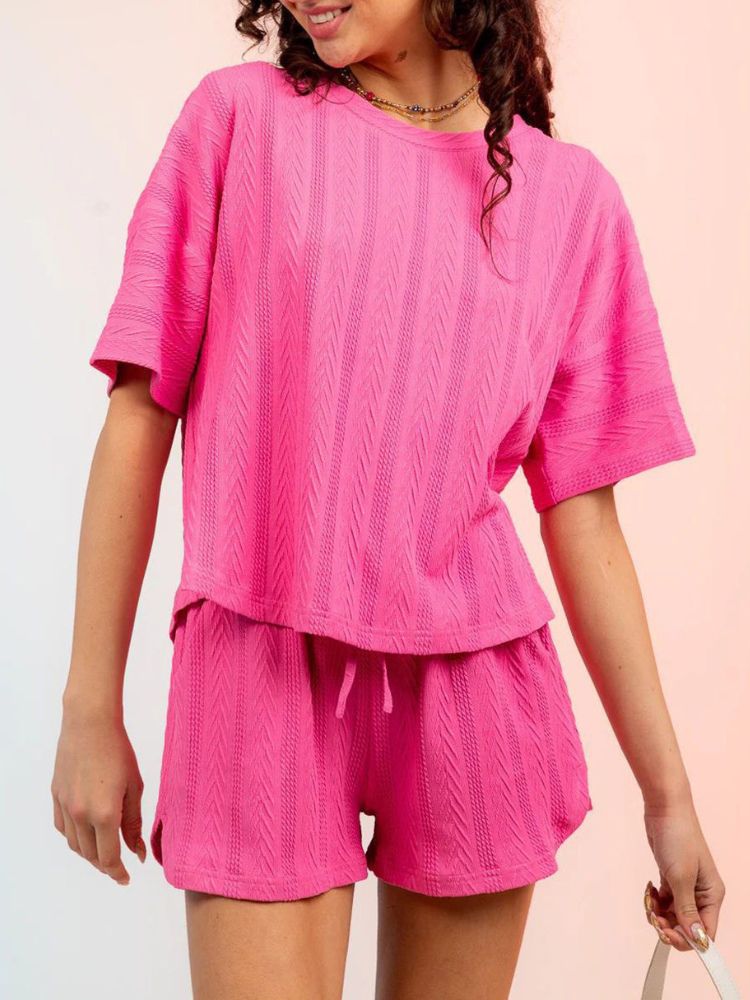 Kristy - Ensemble casual top à col rond texturé et short