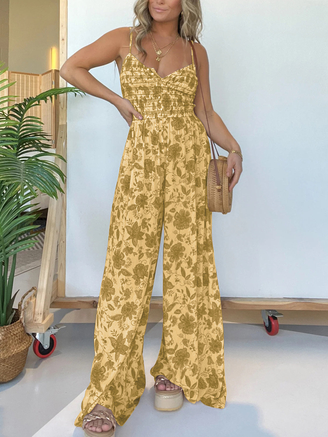 Jana - Combinaison fleurie stylée à bretelles et jambes larges