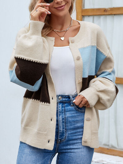 Roxana - Élégant cardigan boutonné à manches bouffantes et blocs de couleur