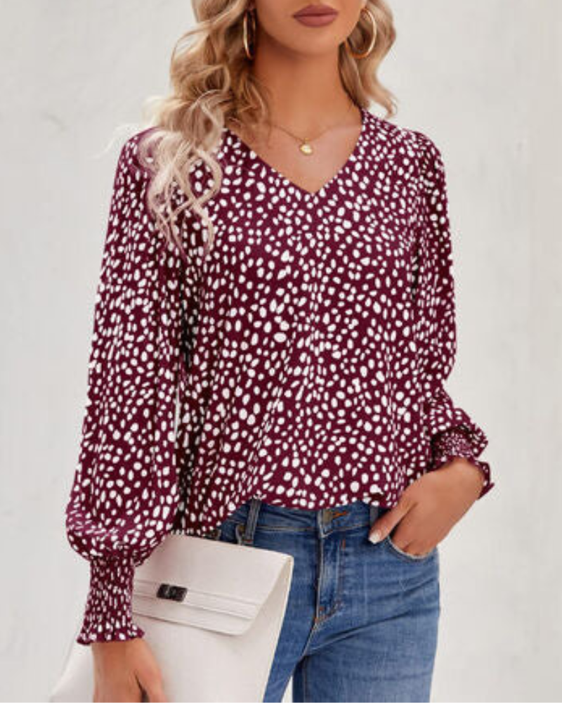 Maureen - Blouse élégante imprimée avec col en V et manches bouffantes