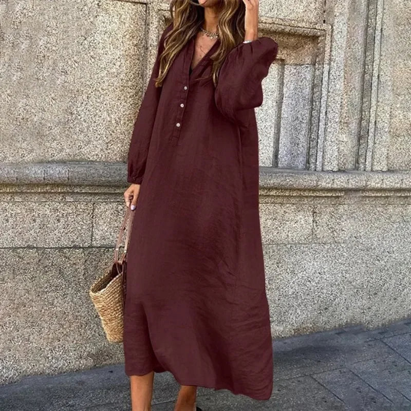 Marguerite - Robe confortable en lin et coton avec col en V