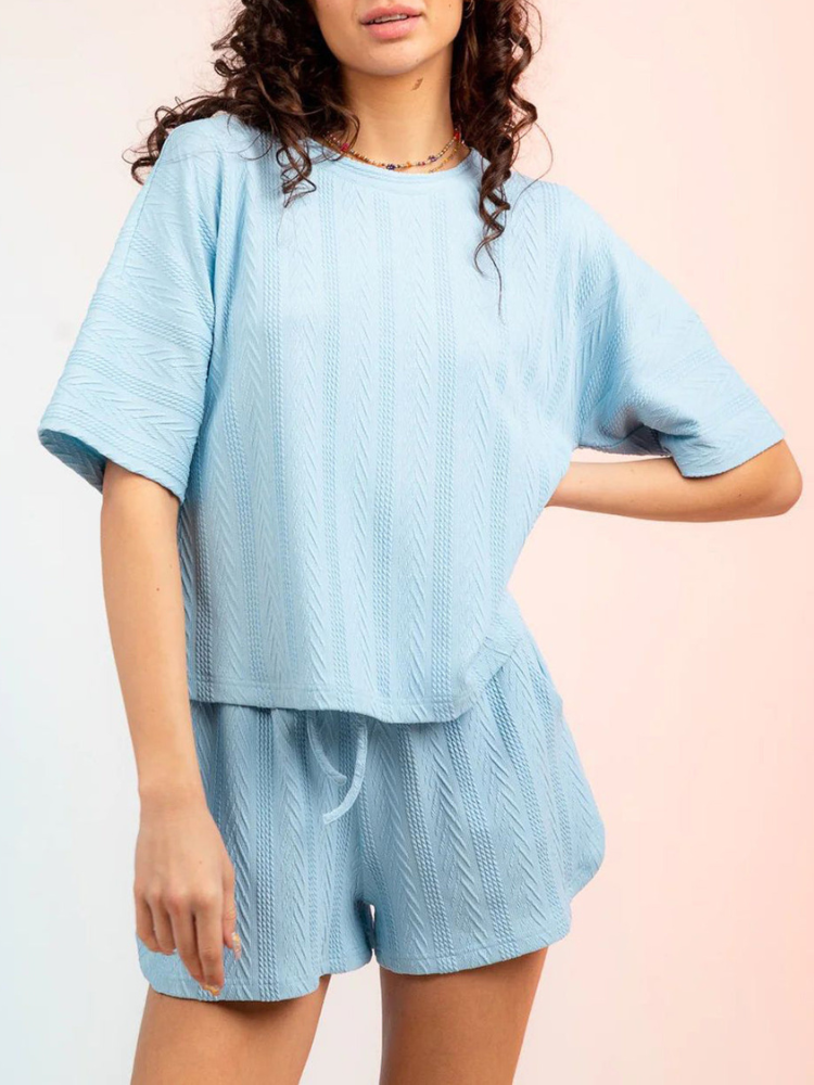 Kristy - Ensemble casual top à col rond texturé et short