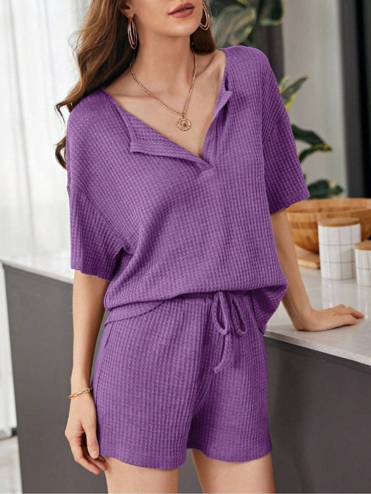 Yumi - Ensemble chic casual top à manches courtes et short ample en maille