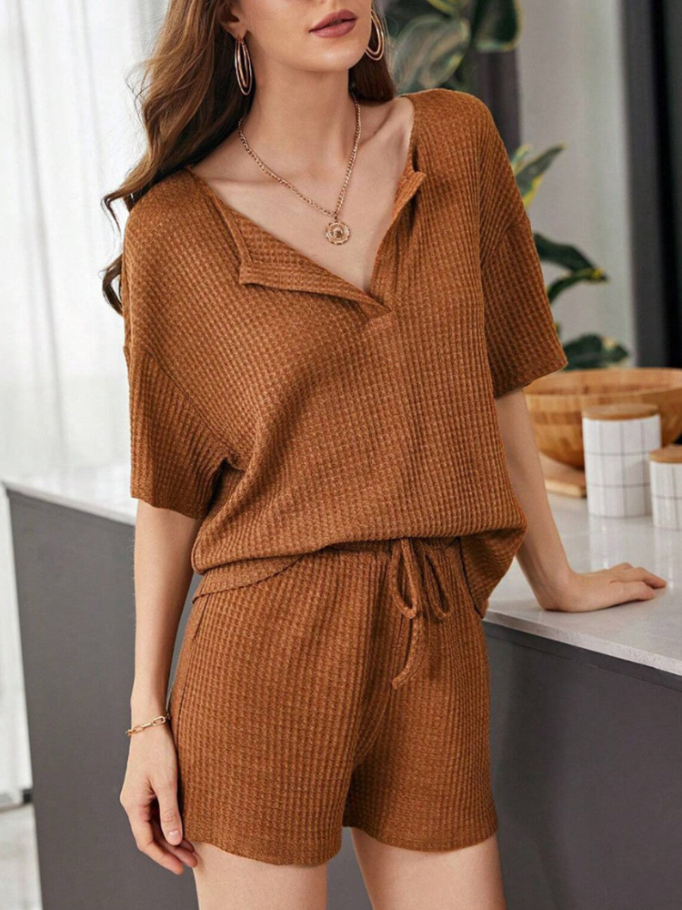 Yumi - Ensemble chic casual top à manches courtes et short ample en maille