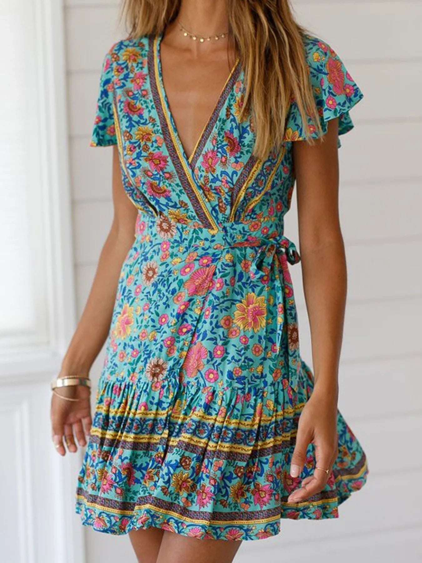 Heidilyn - Robe courte décontractée à manches évasées et imprimé floral