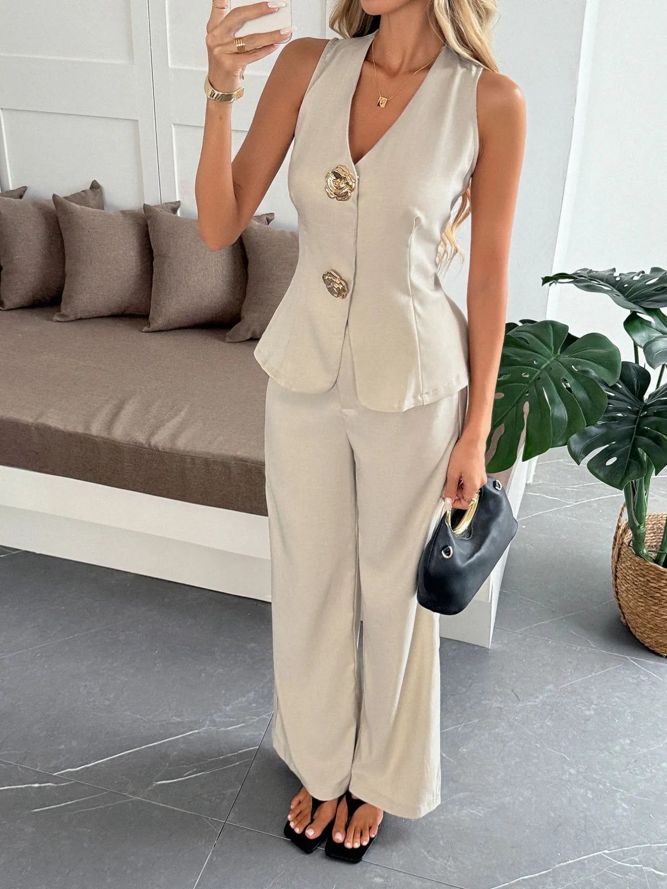 Zainah - Ensemble élégant gilet et pantalon à col en V