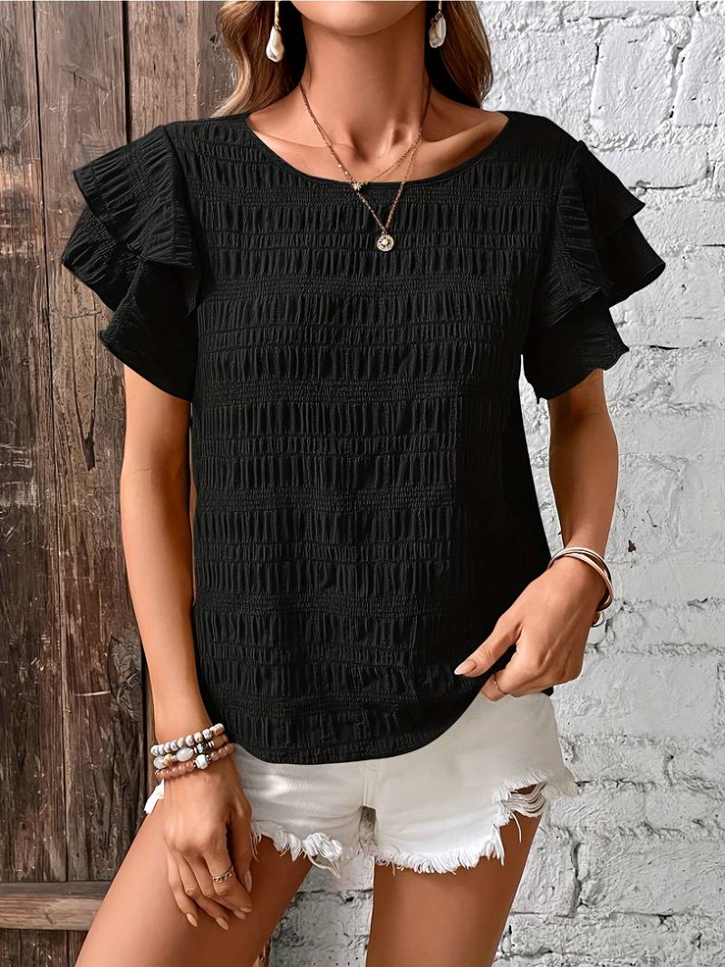 Catty - Élégante blouse à manches courtes avec volants superposés et bords texturés