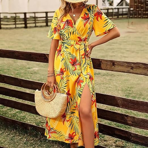 Clara - Robe ceinturée taille haute à imprimé tropical