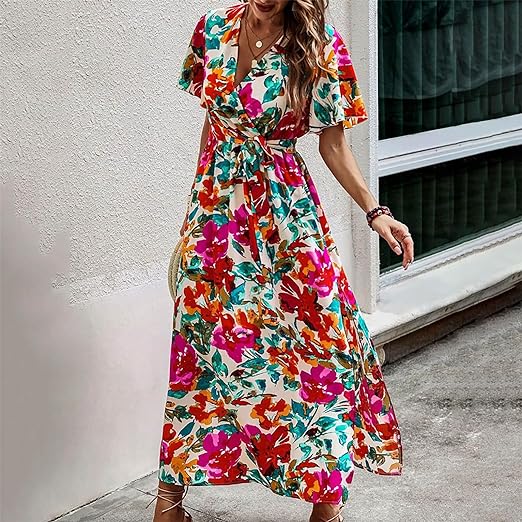 Clara - Robe ceinturée taille haute à imprimé tropical
