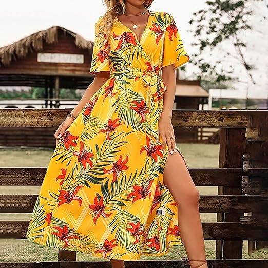 Clara - Robe ceinturée taille haute à imprimé tropical