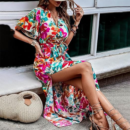 Clara - Robe ceinturée taille haute à imprimé tropical