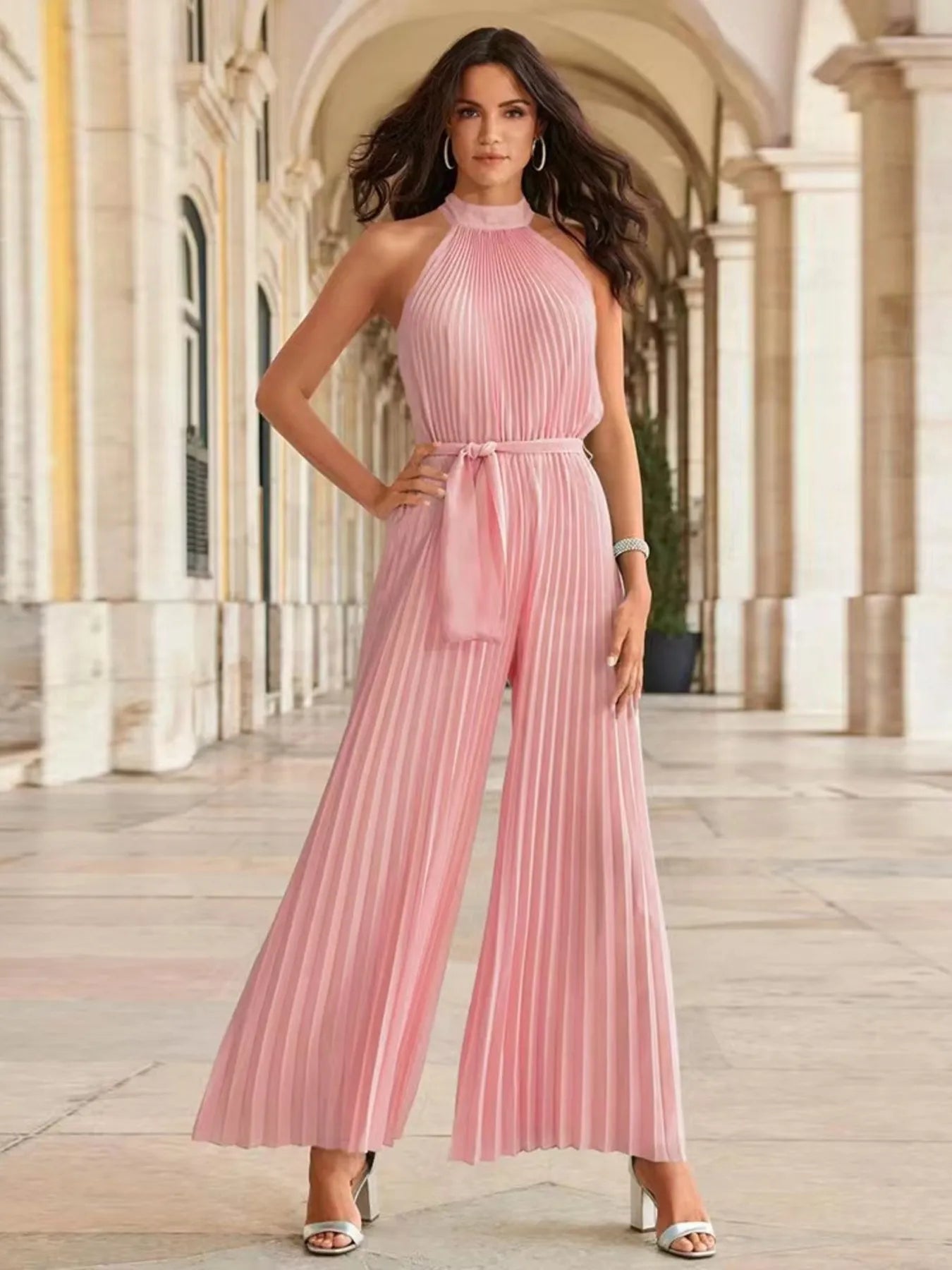 Lyanna - Élégant combi-pantalon plissé sans manches à jambe large