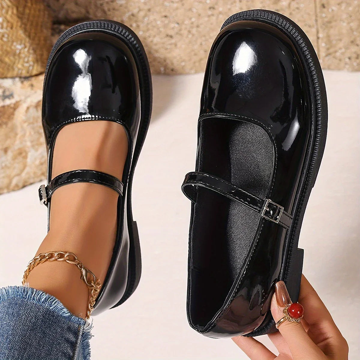 Mary Jane - Chaussures à enfiler en cuir à bout rond pour femmes