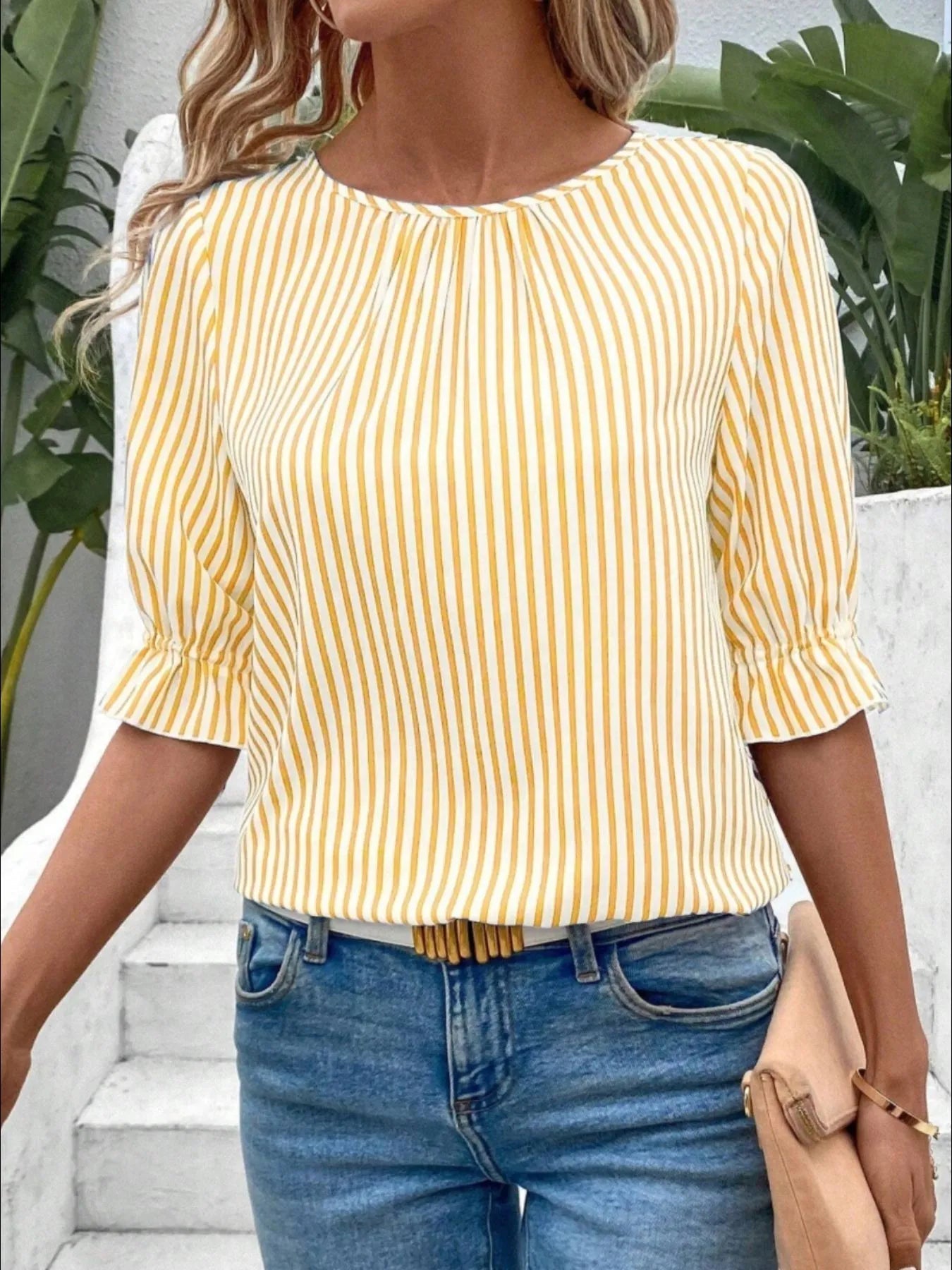 Marian - Blouse casual à rayures avec col rond et manches mi-longues
