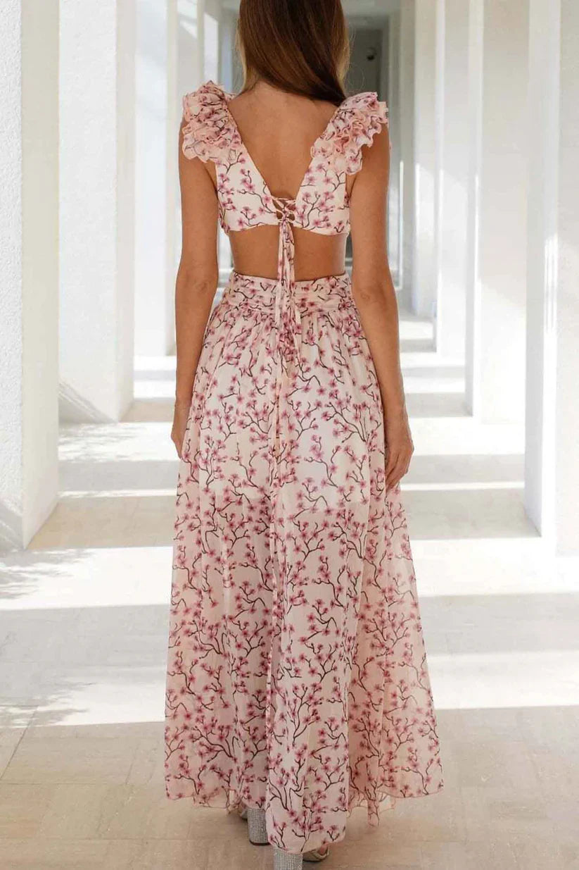 Rosetta - Élégante robe à col en V avec volants et dos nu avec fente pour femmes