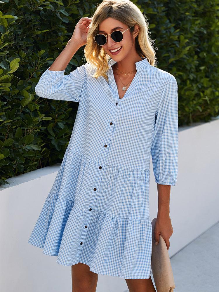 Delphine - Robe à col en V avec motif rayé et patte de boutonnage