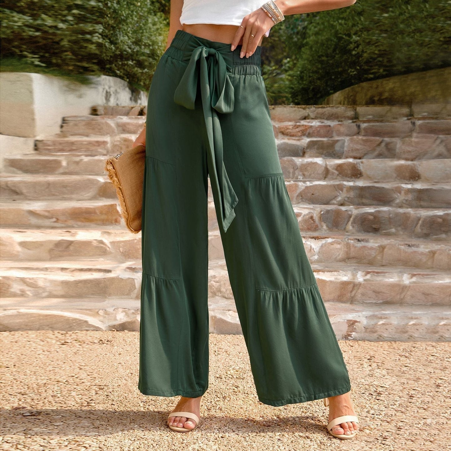 Emberly - Pantalon large taille haute avec lien à nouer et style ample
